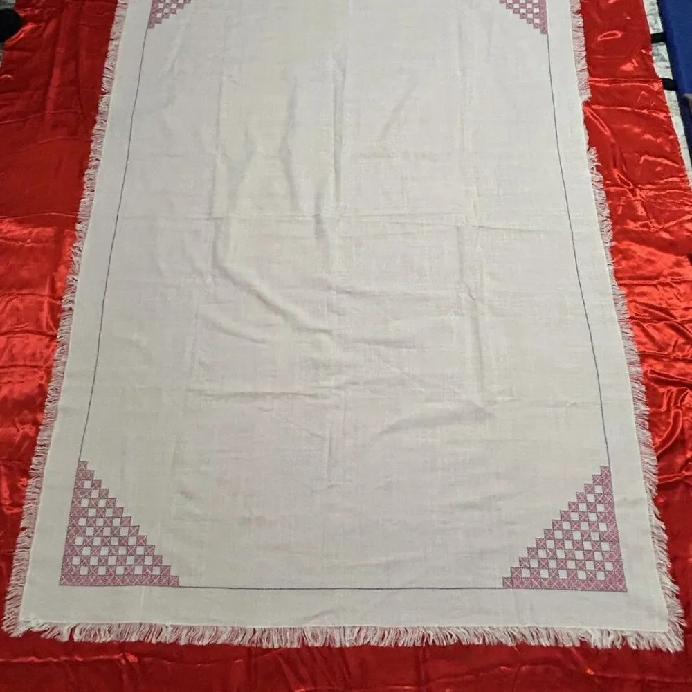 Handmade TableCloth Geometric Embroidery 62 x 85 inches Pink, Black & White
